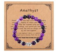 Mikovivi Amethyst Bracelet for Women, Inspirational Get Well Gift Jewelry Adjustable Purple Natural Stone Crystal Beaded Bracelet with Elephant Charm for Breast Issue Survivor