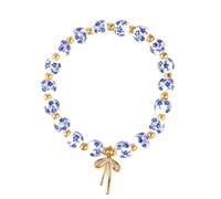 Mikovivi Blue and White Porcelain Beaded Bracelet, Beads Bow Charm Bracelet for Women Ceramic Vintage Bracelets Dainty Romantic Gift, Handmade Gold Beaded Stretch Jewelry for Her