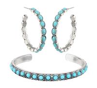 Mikovivi Bohemian Turquoise Jewelry Set for Women, Vintage Synthetic Teal Bracelet & Oval Hoop Earrings Rustic Western Cowgirl Cuff Bangle Statement Jewellery Gift