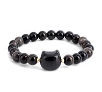 Mikovivi Cat Bead Bracelet, Black Obsidian Stretch Bracelet for Good Luck and Money Attraction Cat Jewelry for Women and Men