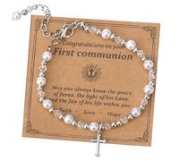 Mikovivi First Communion Bracelets for Women, Pearl Cross Bracelet First Holy Communion Baptism Jewelry Christian Religious Gift for Female Friend