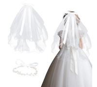 Mikovivi First Communion Veil Set for Girls, White Ivory Tulle Veil with Pearl Flower Headpiece Religious Headwear Bridal Bride Wedding Hen Party Accessories for Catholic Ceremonies Easter Baptism