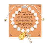 Mikovivi First Holy Communion Bracelet, Baptism Gift Virgin Mary Pearl Beads Bracelet with Cross Charm Adjustable Rope Catholic Confirmation Jewelry for Goddaughter Women