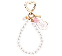 Mikovivi Flower Pearl Keychain, Pearl Keychain Wristlet Cute Two-Color Flowers Charms Key Chain Imitation Pearl Heart Keyring Gift for Women Car Keys Bags Purses Accessories