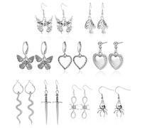 Mikovivi Gothic Earrings Set for Women, Metal Punk Vintage Grunge Dangle Drop Earrings Goth Emo Snake Spider Butterfly Dagger Skull Alt Witchy Jewelry for Halloween Alternative Accessories