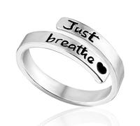 Mikovivi Just Breathe Ring for Women, 0.79in in Diameter Hope Rings Adjustable Silver Inspirational Rings Metal Carved Heart Healing Rings Wrap Open Rings Jewelry Gift