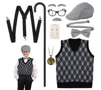 Mikovivi Little Boy Old Man Costume Set - 10pcs Grandpa Accessories for Kids 100th Day of School for Boys Cosplay Dress Up with Hat Bow Tie Glasses Eyebrows Beard Walking Stick