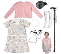Mikovivi Little Girl Old Lady Costume Set, 8pcs Kids Grandma Outfit with Wig Dress Cardigan Glasses Pearl Necklace Crutch Knee Socks 100 Days of School Costume for Kids(5-7 Years)