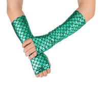 Mikovivi Mermaid Gloves - 11.61 Inch Long Fish Scale Sparkly Arm Sleeve for Women, Fingerless Long Rave Gloves for Halloween Cosplay (Green)
