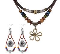 Mikovivi Multi-Layer Wood Bead Necklace with Flower Earrings, Boho Hippie Necklaces with Hollow Flower Pendant Bohemian Gifts Jewelry for Men Women Western Country Music Concert