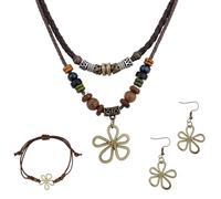Mikovivi Multi-Layer Wood Bead Pendant Necklace with Hollow Flower Earrings Stud & Bracelet, Unisex Boho Hippie Beaded Vintage Accessories Bohemian Jewelry for Men Women