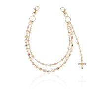 Mikovivi Pants Chain, Stylish Pearl and Colorful Rhinestone Gold Jeans Chain with Cross Trousers Pendant Fashion Dainty Wallet Jewelry Accessory Suitable for Women Men