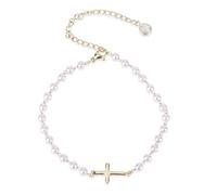 Mikovivi Pearl Cross Ankle Bracelet for Women, Adjustable Boho Beaded Anklets Waterproof Summer Beach Foot Jewelry Gift