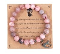 Mikovivi Pink Cat Stone Bracelet, Mood Lucky Beaded Crystal Bracelets with Greeting Card Cats Charm for Women Gifts