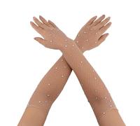 Mikovivi Rhinestone Long Fishnet Gloves, 17.7in Fishnet Arm Sleeves Elbow Length Mesh Rave Gloves Bling Arm Warmers Costume Accessories for Women Girls Evening Party Prom (Camel)