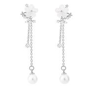 Mikovivi Silver Pearl Flower Dangle Earrings, Dainty Long Chain Dangle Pearl Drop Earrings for Women Shining Flower Wedding Jewelry Accessories for Brides Bridesmaids