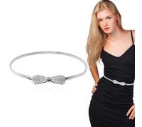 Mikovivi Skinny Metal Waist Belt, Silver Metal Cinch Belt, Bow-Knot Stretch Belt Fashionable Rhinestone Belt Elastic Thin Metal Belt for Women Dress Jeans Shirt