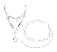 Mikovivi Star Chain Belt and Necklace Set, Adjustable Silver Metal Star Waist Belly Y2k Chain with Chunky Stack Necklace Fashion Jewelry Accessories for Women Dress Skirts Jeans Pants