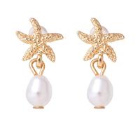 Mikovivi Starfish Pearl Earrings for Women, Gold Star Fish Shell Stud Earrings Chunky Drop Dangle Earring for Summer Beach Dangling Jewelry
