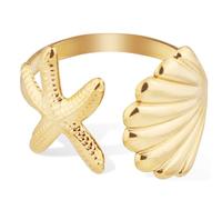 Mikovivi Starfish Seashell Ring, Gold Starfish Ring Stainless Steel Shell Ring Adjustable Artistic Starfish Jewelry for Summer Beach Women Daily Gift