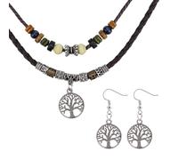 Mikovivi Wood Bead Necklace with Hollow Tree Earrings, Multi-Layer Boho Necklaces Bohemian Personality Jewelry for Men Women