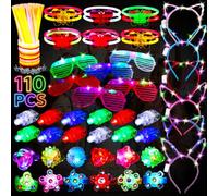 Mikulala 110 PCS Glow in the Dark Party Supplies - LED Light Up Toys Bulk with Bunny & Cat Ear Headbands, Glasses, Glow Sticks, Jelly Rings, Finger Lights & Spinner Bracelets for Kids Adults