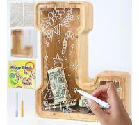 Mikytoper Letter Money Box for Kids Large Wooden Personalized A-Z Piggy Bank Clear Alphabet Money Bank Coin Bank for Gift Decoration Baptism (L)