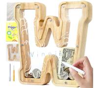 Mikytoper Letter Money Box for Kids Wooden Personalized A-Z Alphabet Piggy Bank Clear Money Bank Coin Bank for Gift Decoration Baptism (W)