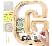 Mikytoper Letter Money Box for Kids Wooden Personalized A-Z Alphabet Piggy Bank Clear Money Bank Coin Bank for Gift Decoration Baptism (G)