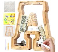 Mikytoper Letter Money Box for Kids Wooden Personalized A-Z Alphabet Piggy Bank Clear Money Bank Coin Bank for Gift Decoration Baptism (A)