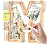 Mikytoper Letter Money Box for Kids Wooden Personalized A-Z Alphabet Piggy Bank Clear Money Bank Coin Bank for Gift Decoration Baptism (M)