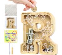 Mikytoper Money Box for Kids, Wooden Letter Piggy Banks for Kids, Personalized Money Box Clear Money Bank, Boys Girls Toddler Birthday Festival Gift (R)