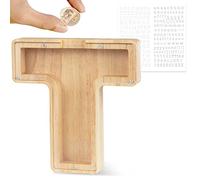 Mikytoper Wooden Letter Money Box for Kids Personalised Piggy Bank Letter A-Z Transparent Money Bank Saving Coins Cash Change Creative Gift for Children Boys Girls Decorative Money Box (T)