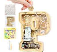 Mikytoper Wooden Letter Piggy Bank for Kids with Target Area Personalized Money Box Clear for Gift Decoration Baptism