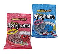 Mil lions Sour Spaghetti Chewy Sweets 180g each Bags with Strawberry & Bubblegum Flavours Pack of 2 & 4 for Halal (Pack of 2, Strawberry & Bubblegum)