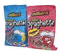 Mil lions Sour Spaghetti Chewy Sweets 180g each Bags with Strawberry & Bubblegum Flavours Pack of 2 & 4 for Halal (Pack of 4, Strawberry & Bubblegum)