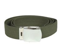 Mil-tec Olive Green, 100% cotton webbing US trouser belt with silver coloured metal buckle.