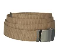 Mil-tec Khaki, 100% cotton webbing US trouser belt with silver coloured metal buckle.