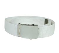Mil-tec White, 100% cotton webbing US trouser belt with silver coloured metal buckle.