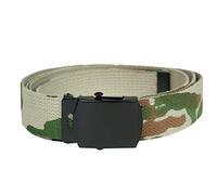 Mil-tec Woodland Camo, 100% cotton webbing US trouser belt with black coloured metal buckle.