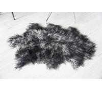 MILABERT Luxurious Genuine Tibetan | Mongolian Single Sheepskin Rug | Super Soft Silky Long Curly Black | White Wool BWTS1