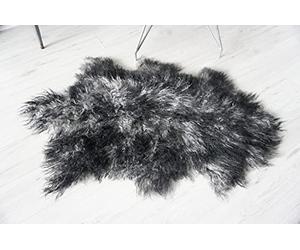 MILABERT Luxurious Genuine Tibetan | Mongolian Single Sheepskin Rug | Super Soft Silky Long Curly Black | White Wool BWTS1