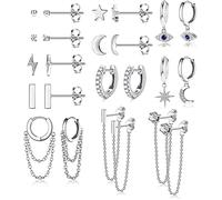 MILACOLATO 12 Pairs Dangle Hoop Earring Small Huggies Hoop Earrings for Women Moon Star CZ Tiny Stud Earring Evil Eye Bar Chain Hoop Earring Set for Women Silver Tone