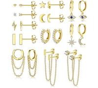 MILACOLATO 12 Pairs Dangle Hoop Earring Small Huggies Hoop Earrings for Women Moon Star CZ Tiny Stud Earring Evil Eye Bar Chain Hoop Earring Set for Women Gold Tone