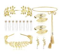MILACOLATO 14Pcs Greek Goddess Costume Set Golden Laurel Leaves Crown Tiara Upper Arm Coil Bracelet Hair Headpiece Earrings Toga Waist Belt Accessories Jewellery Set for Women Party Wedding Halloweena