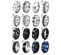MILACOLATO 16 Pcs Mens Rings Stainless Steel Twisted Chain Rings Spinner Rings for Fidget Rings for Women Wedding Promise Black Band Ring Cool Silver Ring for Men Size L1/2-Z1/2