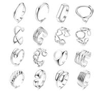 MILACOLATO 16Pcs Gold Chunky Dome Ring Set for Women Girls 18K Gold Plated Braided Twisted Round Signet Link Rings Adjustable Open Band Rings Size 5-9 Silver