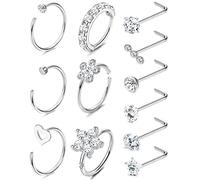 MILACOLATO 20G Nose Ring for Women Stainless Steel Paved CZ Round Star Nose Stud L Shape Flower Open Nose Rings Hoop 8mm, 12Pcs Silver Nostril Conch Helix Cartilage Daith Piercing Jewellery Set