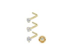 MILACOLATO 3PCS Nose Studs Sterling Silver for Women Men 20G Gold Nose Stud L Shaped Hypoallergenic Tiny Nose Stuf 925 Sterling Silver CZ Butterfly Nose Stud Nose Ring Piercings Jewellery-AG