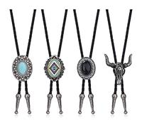 MILACOLATO 4Pcs Western Cowboy Vintage Bolo Tie Men Handmade Leather Round Shape Black Vintage Turquoise Pendant Bolo Ties Necktie for Women,Men